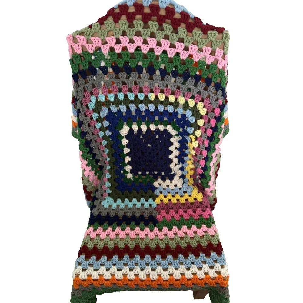 Handmade 70s Style Granny Square Crocheted Afghan Multicolored Boho 45x45 in